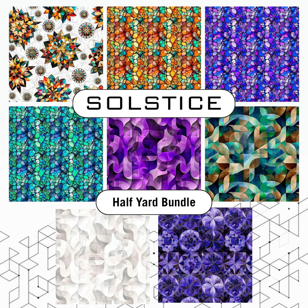 A collage of eight vibrant geometric and abstract squares features modern quilt fabric, with "QT Fabrics Solstice Half Yard Bundle" in white boxes over a subtle angular background.