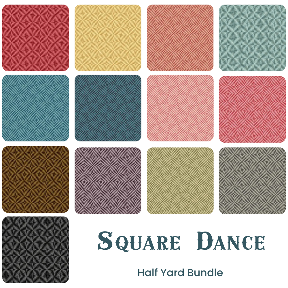 Fifteen Andover Square Dance Half Yard Bundle fabric swatches in assorted colors and geometric patterns are displayed in a grid, highlighting the vibrant charm of this unique collection.