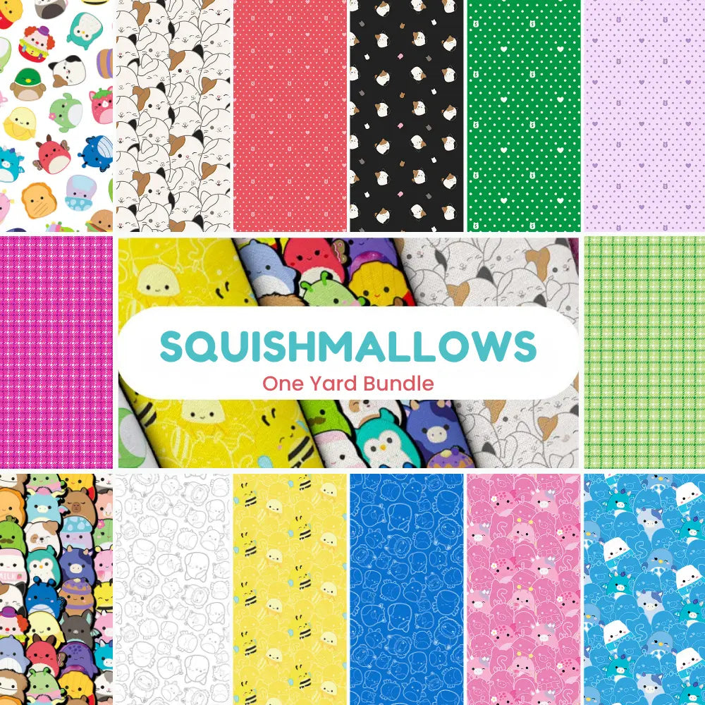 A vibrant collage of Northcott Squishmallows One Yard Bundle fabrics, showcasing cute plush characters and geometric patterns—ideal for quilting and fabric crafts.