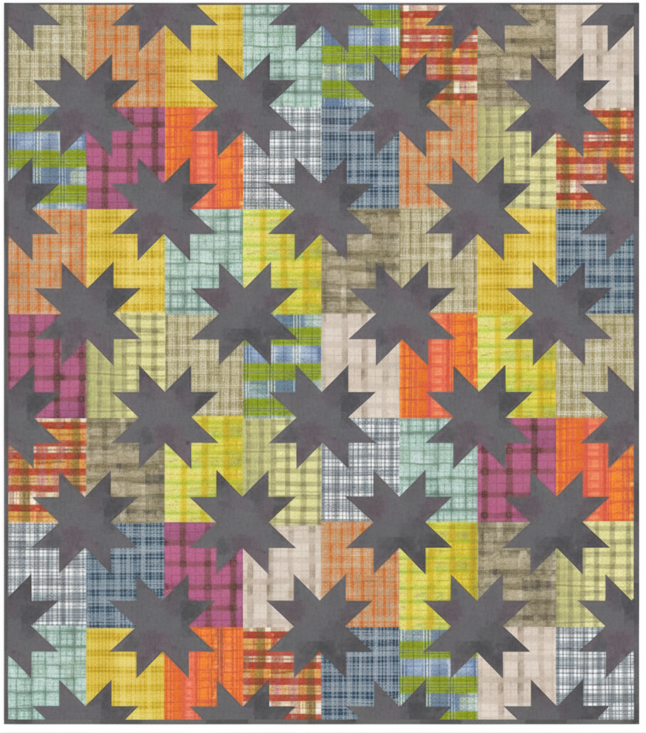 The Plaid Star Pop II Quilt Kit by Quilted Joy features a modern star motif on a backdrop of colorful plaids and textured fabrics for a vibrant patchwork look.