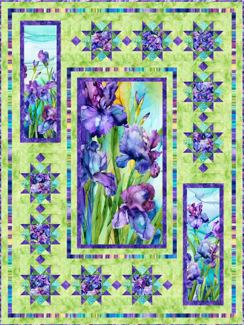 The Quilted Joy Stella Flora Quilt Kit features a green background with large purple iris motifs at the center and sides, framed by geometric star patterns in purple, turquoise, and blue.