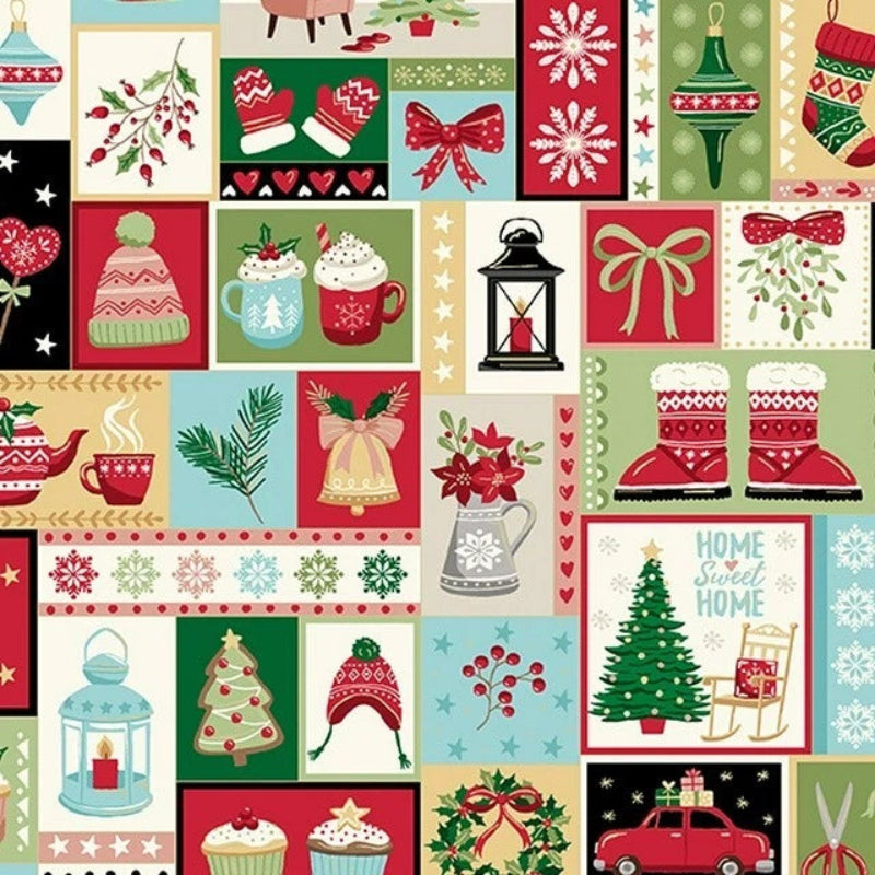 Cosy Christmas Multi Cosy Montage Fabric Yardage by Andover features festive illustrations—ornaments, cocoa mugs, holly, mittens, gifts, lanterns, hats, snowflakes, bells, a Christmas tree, and a red car with a tree—perfect for quilting or patchwork fabric.