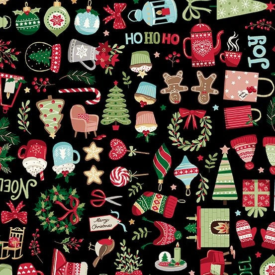 Cosy Christmas Black Cosy Icons Fabric Yardage