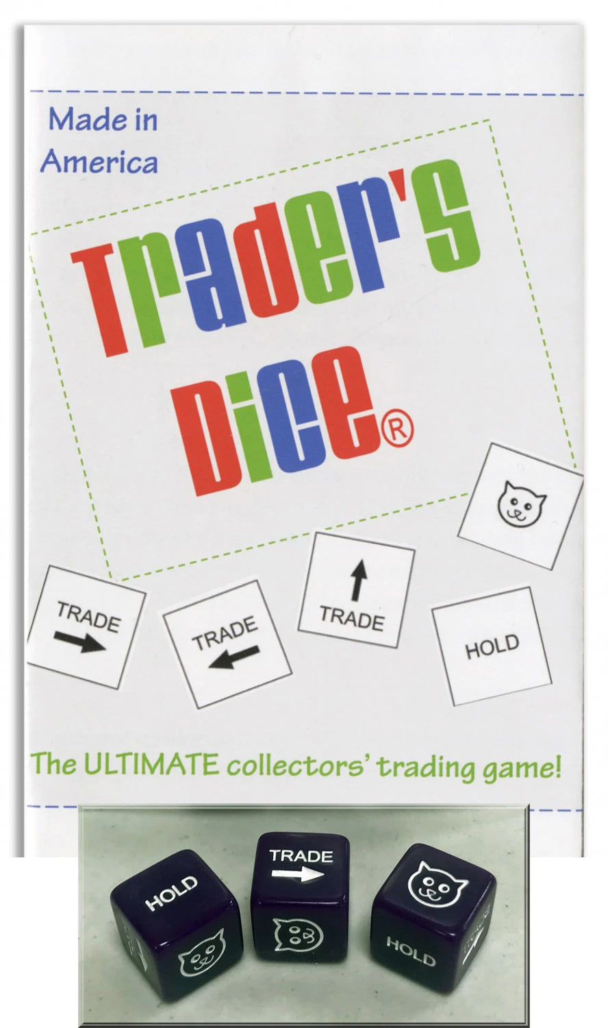 Box cover for Checker Distributor’s Traders Dice Game features vibrant text, trade and hold cards, a playful cat, and three dice showing “HOLD,” “TRADE,” and a cat face. Tagline: The ULTIMATE collectors’ trading game!.