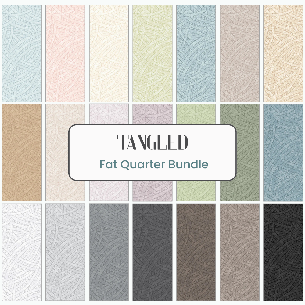 The Tangled Fat Quarter Bundle - PRESALE by Jaftex - Studio E includes 20 rectangular fat quarters in soft neutrals with a tangled line pattern—an elegant choice for your quilting projects.