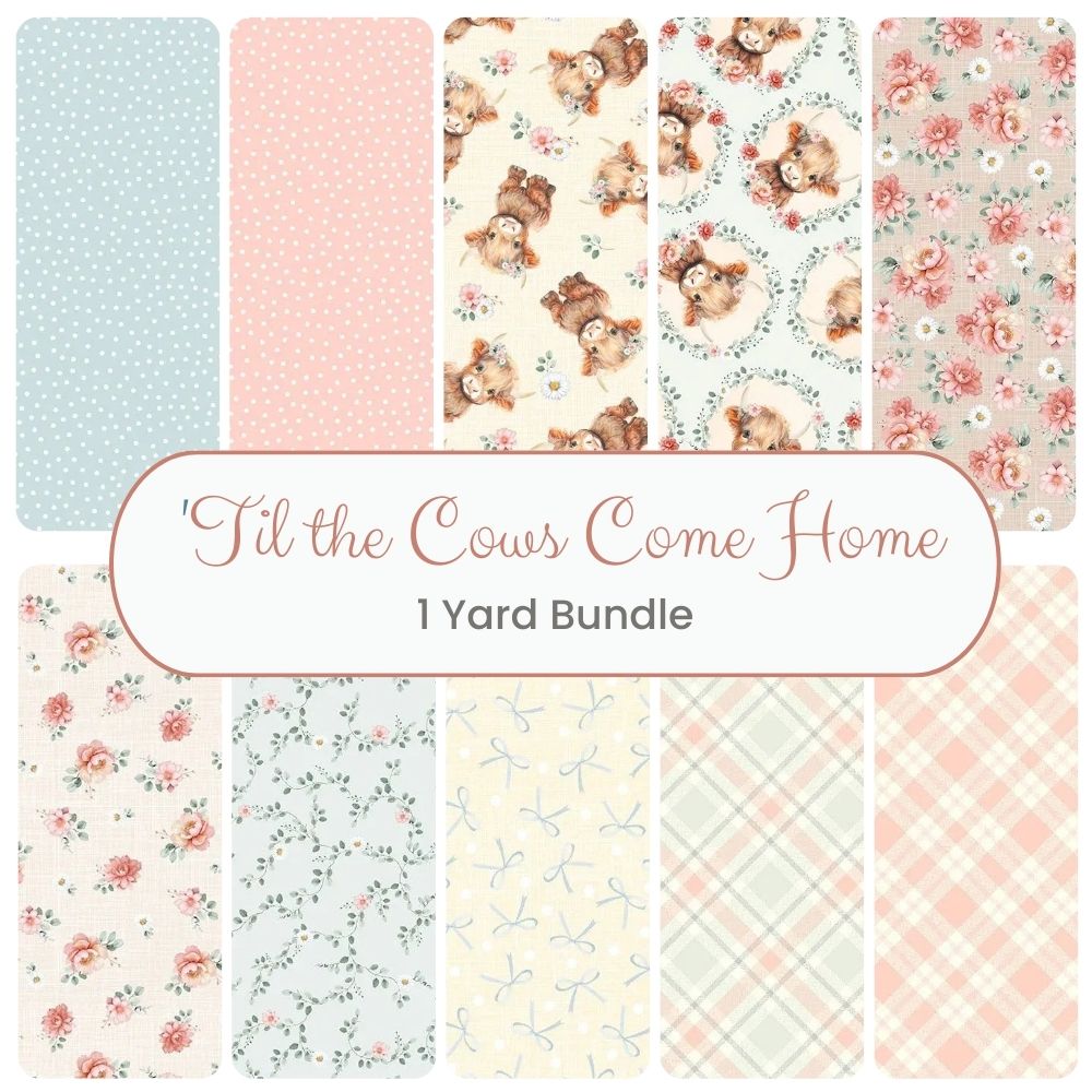 The Til the Cows Come Home One Yard Bundle by Timeless Treasures features pastel florals, polka dots, plaid, blue bows, and cute cows with flowers—perfect for coordinated sewing projects.