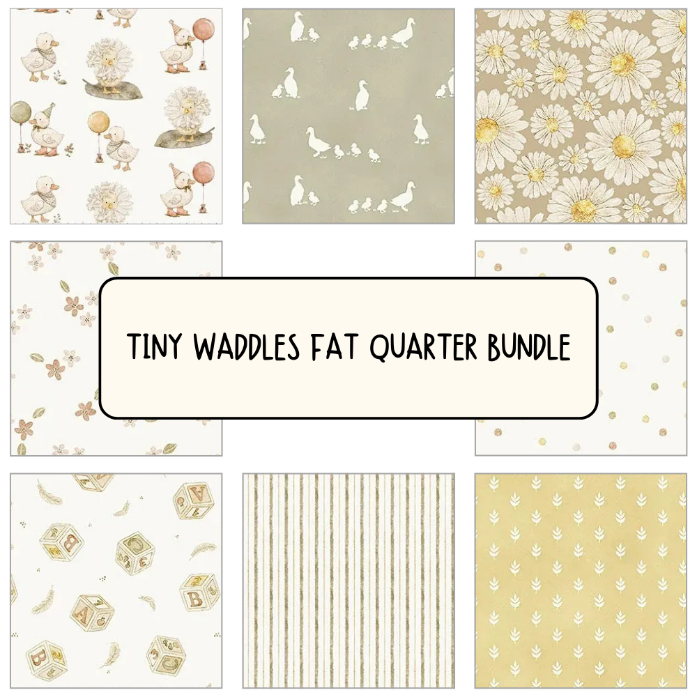 A collage of eight pastel quilting fabrics—ducks, daisies, globes, stripes, and geometrics—with the Tiny Waddles Fat Quarter Bundle label by Northcott - Figo in the center; perfect for beginner quilters.
