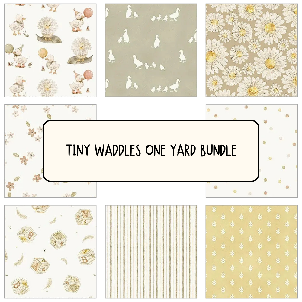 Eight cotton quilting fabric swatches from Northcott - Figo’s Tiny Waddles One Yard Bundle, featuring ducks, flowers, globes, stripes, and geometric shapes in soft neutrals. Perfect for beginner quilters.