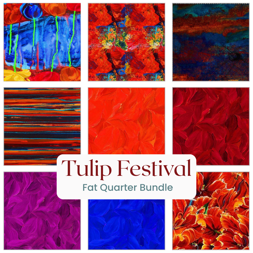 A collage of nine bold, abstract tulip-inspired fabrics in red, orange, blue, and purple by Quilted Joy. Center text: “Tulip Festival Fat Quarter Bundle - PRESALE.” Reserve your Tulip Festival fat quarters today!.