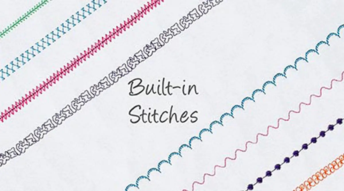 A white background displays “Built-in Stitches,” surrounded by colorful decorative and zigzag stitches, highlighting the creative options of the Baby Lock Vesta Sewing & Embroidery Machine.