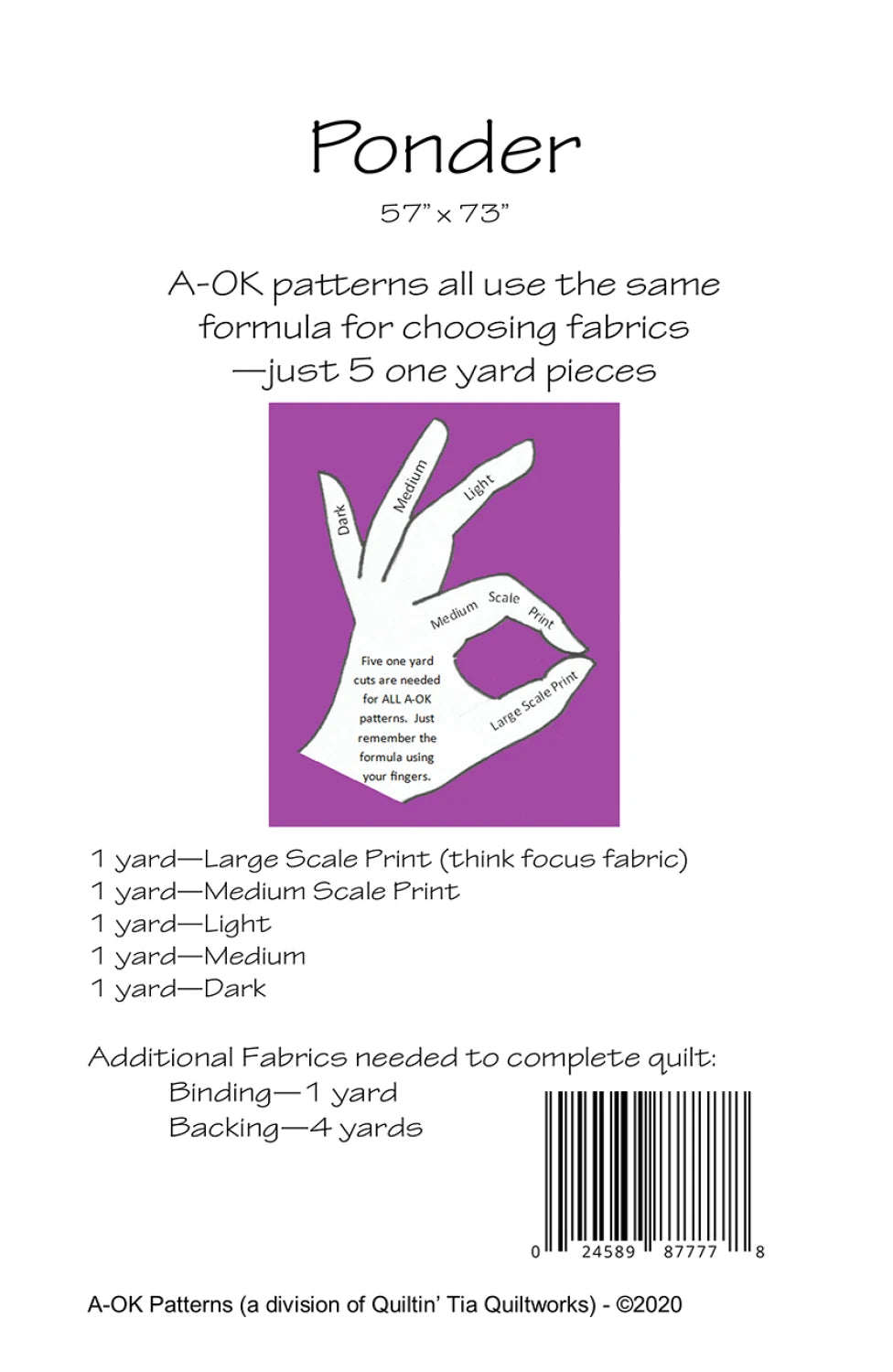 The Ponder A-OK 5 Yard Quilt Pattern by Checker Distributor is beginner-friendly, features a hand diagram showing 5 one-yard fabric pieces, offers fabric selection tips for large-scale prints, and includes a materials list.