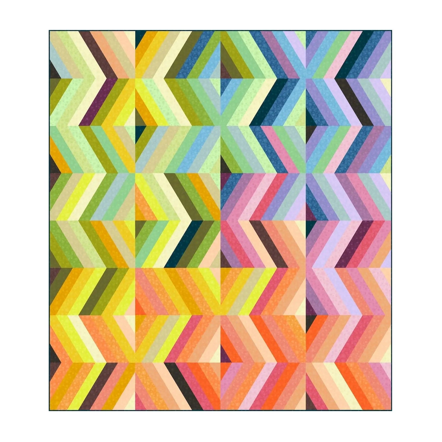 The Colour Frolic Watermark Quilt Kit features a vibrant chevron design with angled strips in bold yellow, green, blue, purple, pink, and orange shades for a striking geometric gradient effect.