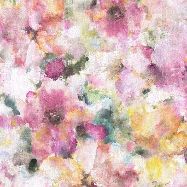 Watercolors Pink 108" Wide Quilt Backing Fabric by Michael Miller Fabrics features abstract, soft washes of pink, purple, yellow, and green that blend together in a floral pattern with gentle, airy forms.