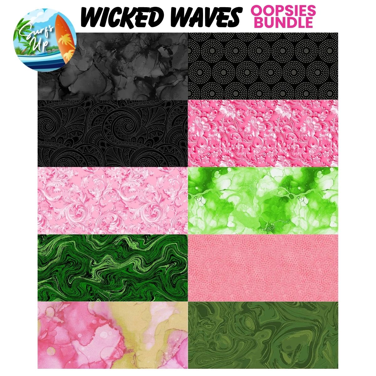The Quilted Joy Mystery Five-0 Mega Mystery Wicked Waves Oopsies! FQ Fabric Bundle features ten rectangular fat quarters in black, pink, and green with swirling, floral, and textured patterns.