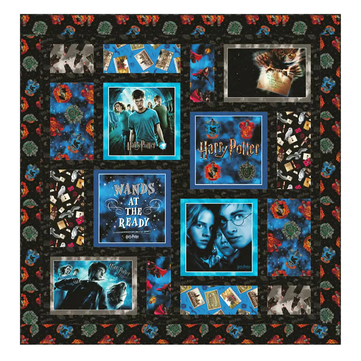 The Wands At The Ready Quilt Kit by Quilted Joy features Harry Potter-themed squares, magical motifs, and a vibrant border—perfect for fans to create with this official quilt kit.