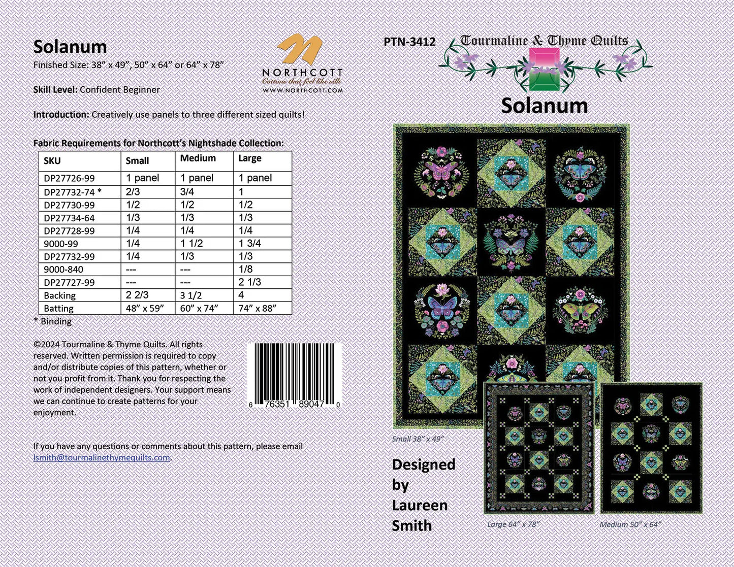 The Solanum Quilt Pattern cover displays a grid of floral quilt blocks in blue, purple, and green. It features pattern details, fabric requirements, a color chart, and highlights the company and designer on the left and bottom.
