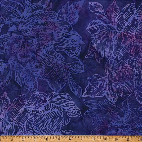 Morning Glory violet large linear floral batik cotton quilting fabric