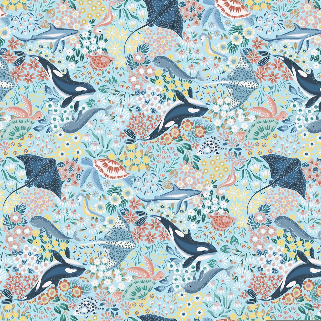 The Dear Stella Vitamin Sea Blue 108" Wide Quilt Backing Fabric features whales, stingrays, dolphins, and colorful flowers on a light background—perfect for quilting projects.