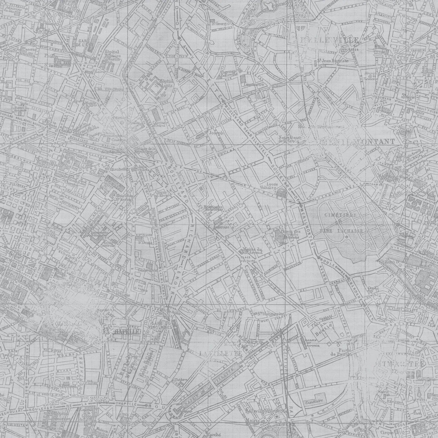 Harmony Light Gray Streets Fabric Yardage features detailed streets, buildings, and landmarks in fine lines with text labels like “Cimetière Montmartre” and “Cimetière du Nord,” creating a timeless urban aesthetic.