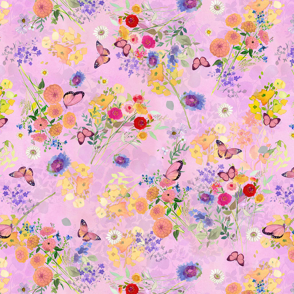 Fleur de Rose Pink Butterfly Garden Fabric Yardage - quilt fabric for sewing and quilting projects
