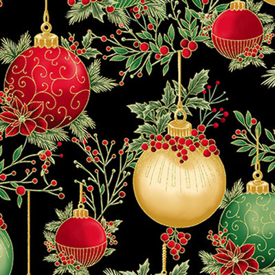 Christmas Wish Black Gold Ornaments Fabric Yardage