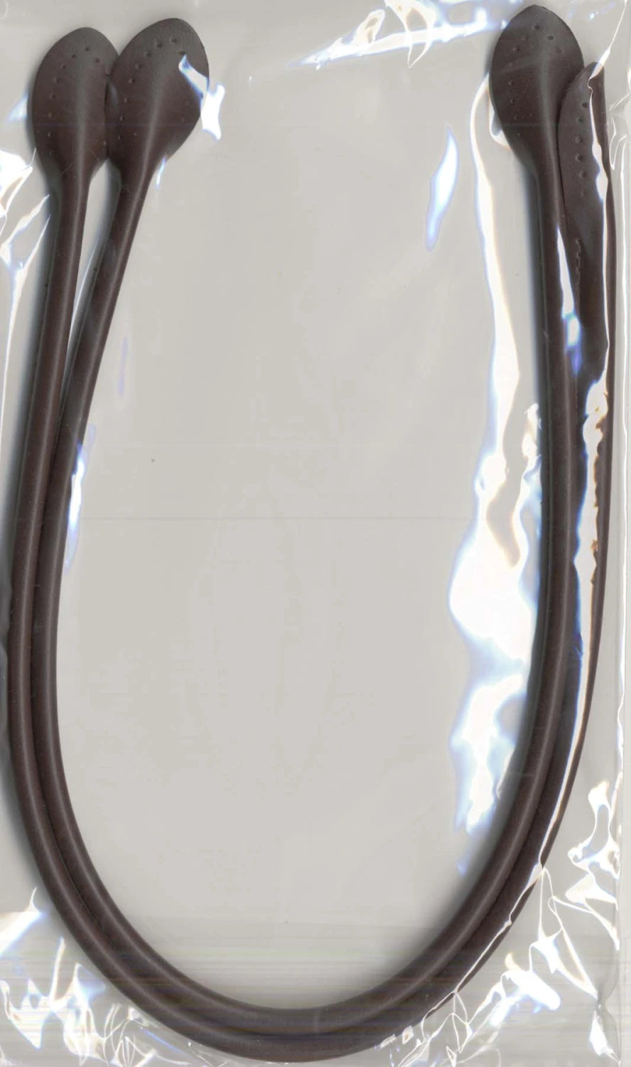 Checker Distributor Leather Like Bag Handles 20in in dark brown—three flexible, U-shaped handles with paddle-shaped ends, sealed in clear packaging—are perfect bag making accessories.
