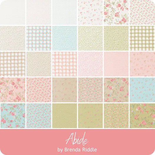 A grid of 25 pastel fabric swatches from the Abide 10" Layer Cake by United Notions, featuring floral and checkered prints. “Abide” by Brenda Riddle appears on a pink background. Ideal for Layer Cake quilting projects.