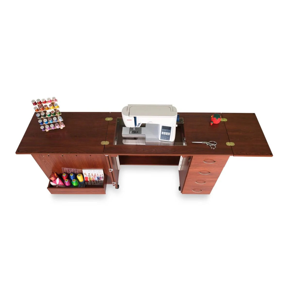 The Arrow Companies, LLC Arrow Harriet Sewing and Quilting Machine Cabinet is a dark wood table with central sewing machine storage, left thread spool holders, right scissors and drawers, plus fold-out extensions for convenient sewing projects.