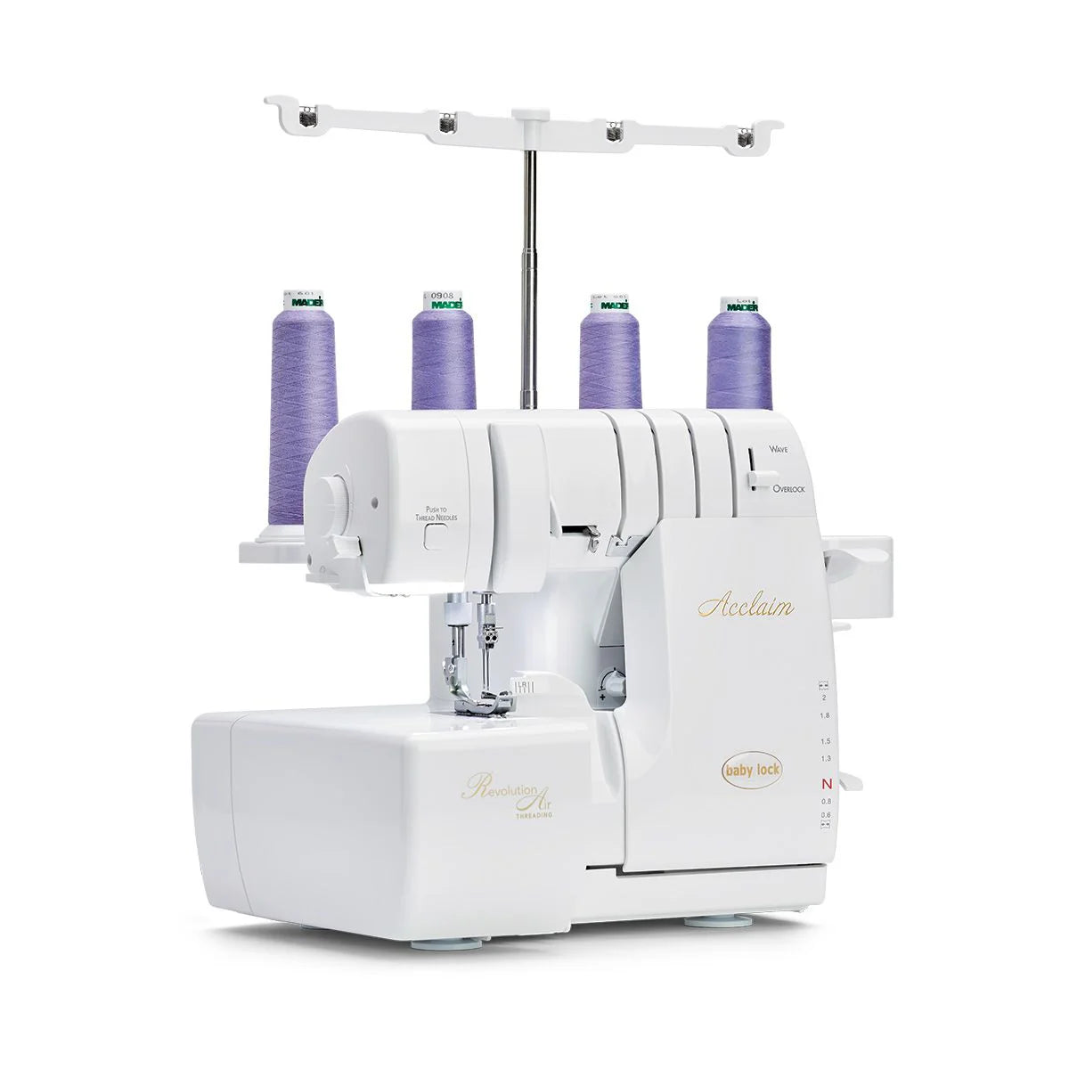 A Baby Lock Acclaim Serger Machine BLES4 by Baby Lock is displayed on a plain white background, with four lavender thread spools on top and featuring Automatic Thread Delivery.