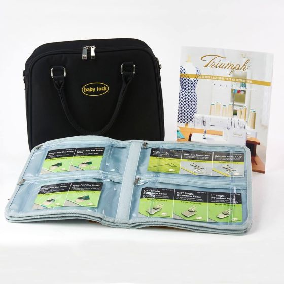 A black Baby Lock carrying case, an open zippered organizer with quilting feet accessories, and a Triumph Foot Kit 29 Feet (BLETS8FTKIT) guidebook are displayed on a white surface.