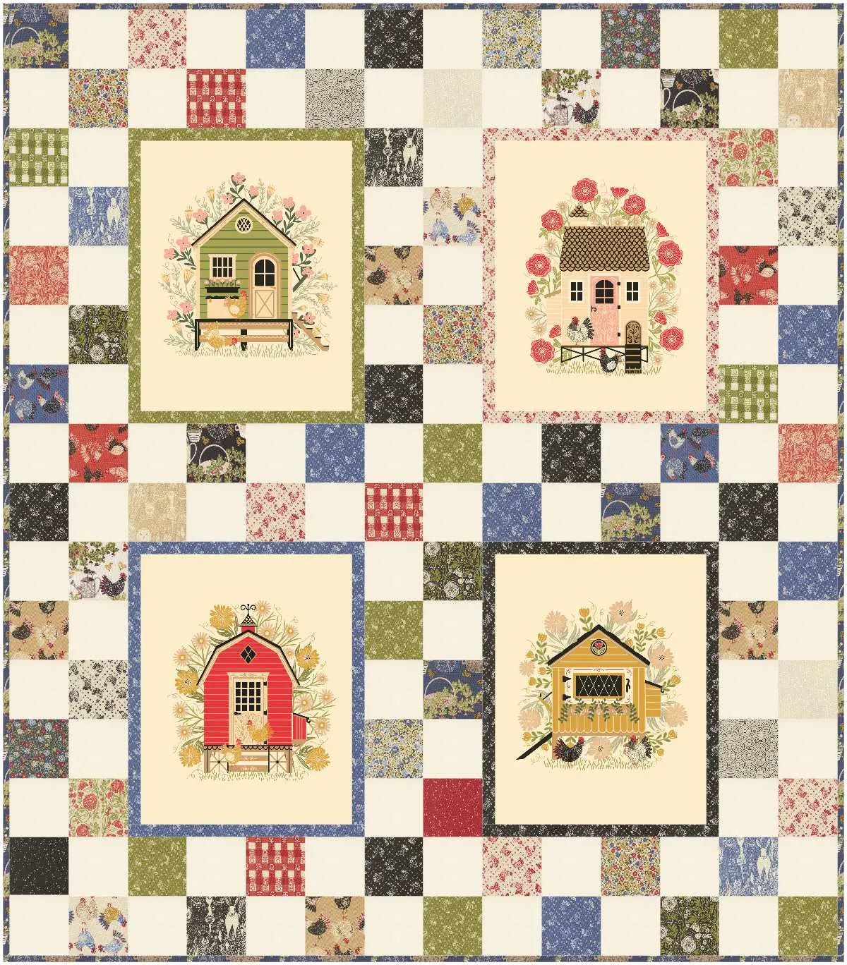 The Chunky Chicken Quilt Kit by Quilted Joy features a patchwork design with a checkered border and four panels, each displaying a unique illustrated chicken among floral and garden motifs, all framed in green, yellow, red, and blue borders.