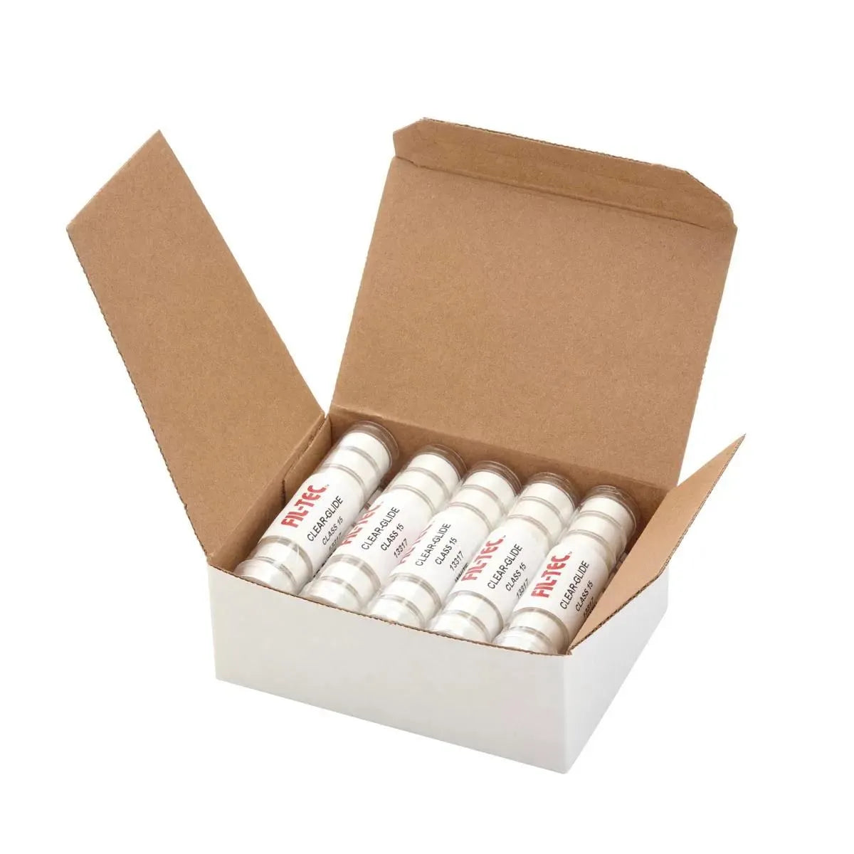 An open white cardboard box holds several Clear-Glide Class 15A white prewound bobbins, each wrapped and organized neatly in two rows.