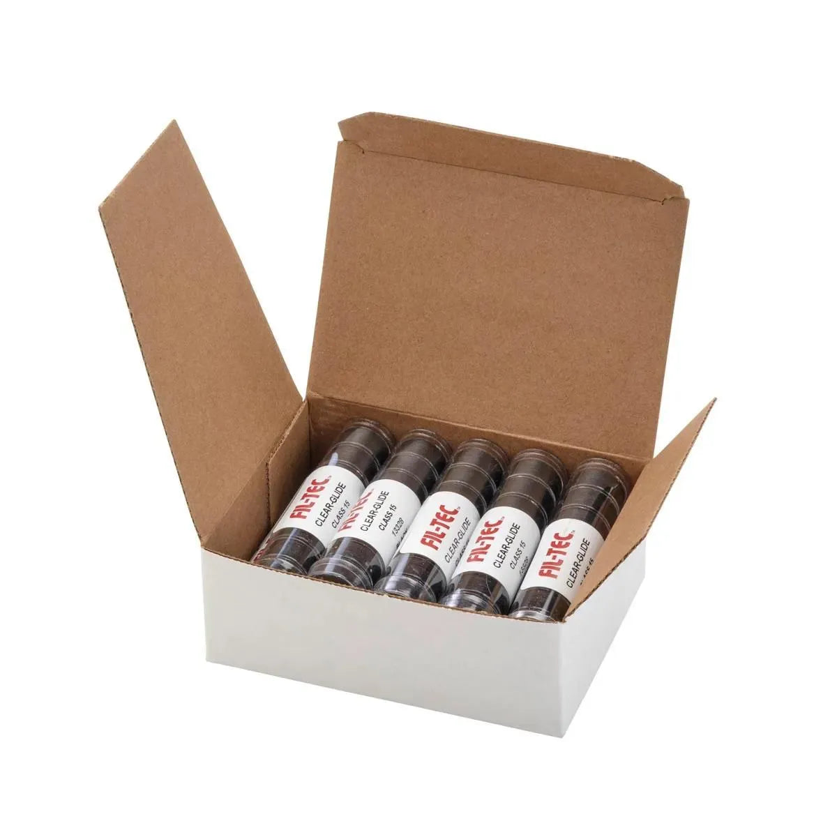 An open white box contains five small “FIRE SAUCE” bottles with black caps, arranged like Hab+Dash by Fil Tec Clear-Glide Class 15A Black bobbins in a tube.