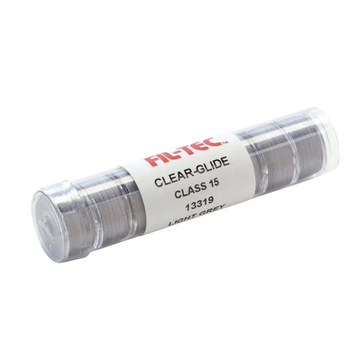 A plastic tube labeled "Clear-Glide - Class 15A - Light Grey - Tube" contains several clear-thread prewound bobbins.