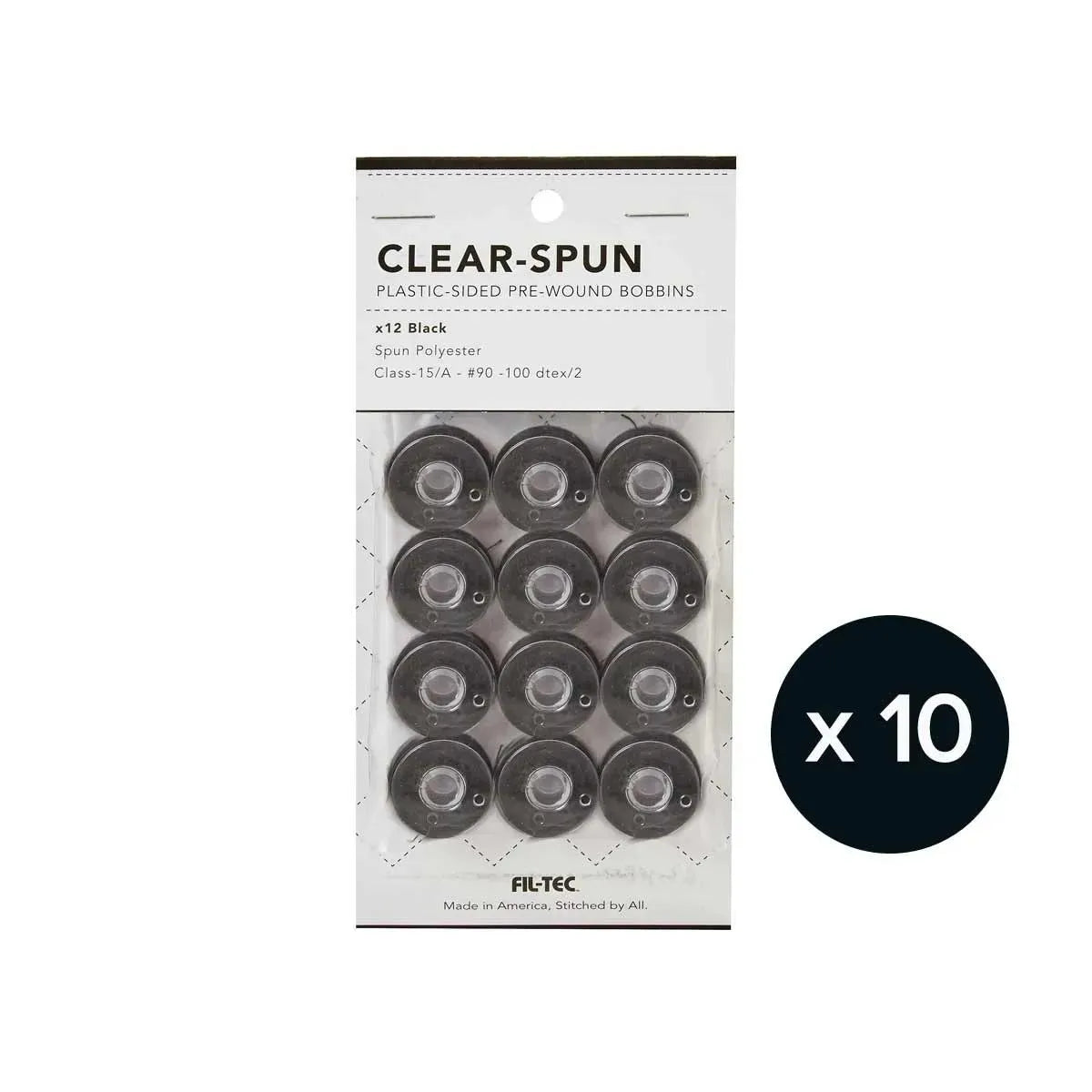 A bag of 12 Clear Spun Class 15A #90 Black FIL-TEC prewound polyester sewing bobbins is displayed. A circular icon with "x 10" in white on black appears in the lower right corner.