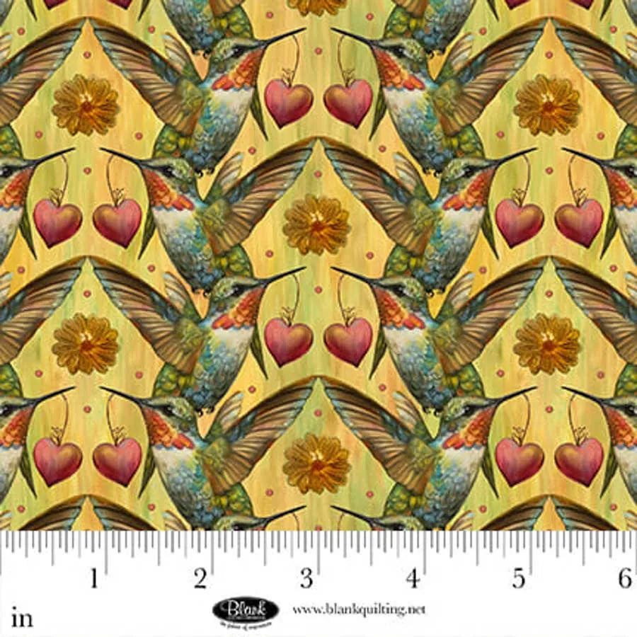 Enchanted Canopy Yellow Hummingbirds Fabric Yardage - quilt fabric for sewing and quilting projects
