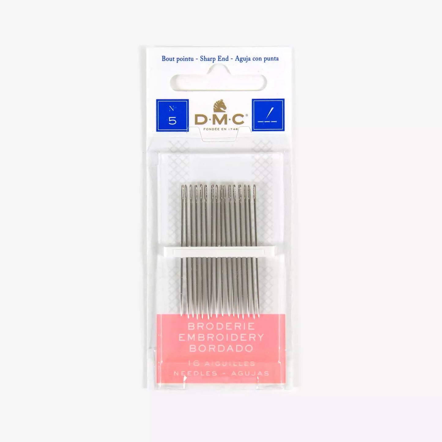 A package of DMC Embroidery Crewel Needles Size 5 contains 16 nickel plated steel needles with sharp ends, visible in a clear case. The label includes English, French, and Spanish—ideal for embroidery projects.