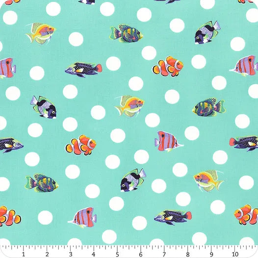 Colorful tropical fish and white polka dots swim across Jaftex - FreeSpirit Floral Reef Seafoam School Crossing fabric on a turquoise background. A ruler at the edge shows scale in inches. Ideal for quilting and lively cotton projects.