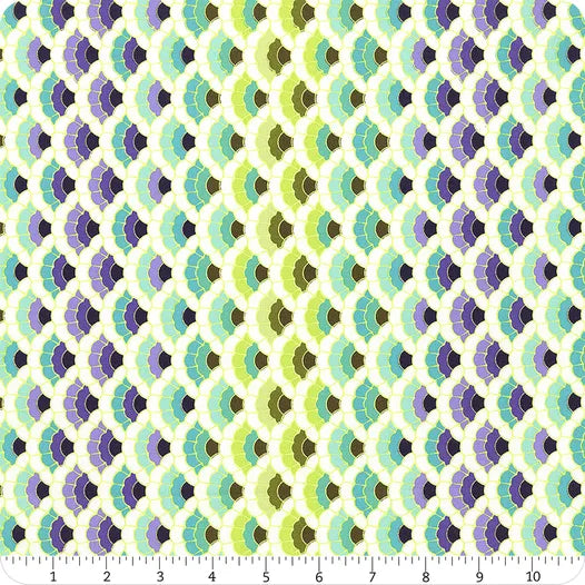 Floral Reef Marine Aquatic Lace Fabric Yardage by Jaftex - FreeSpirit features a repeating scallop pattern in green, teal, and purple. A ruler shows inch measurements to indicate the scale of this marine-inspired fabric.