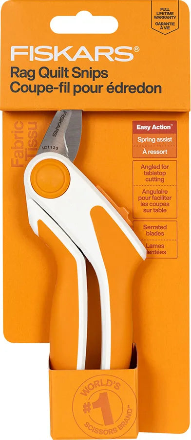 The Fiskars Easy Action Rag Quilt Snip for Tabletop Cutting Gen 2, by Checker Distributor, features ergonomic spring-assist angled blades in orange and white packaging. English and French labels highlight these quilting scissors’ key benefits.