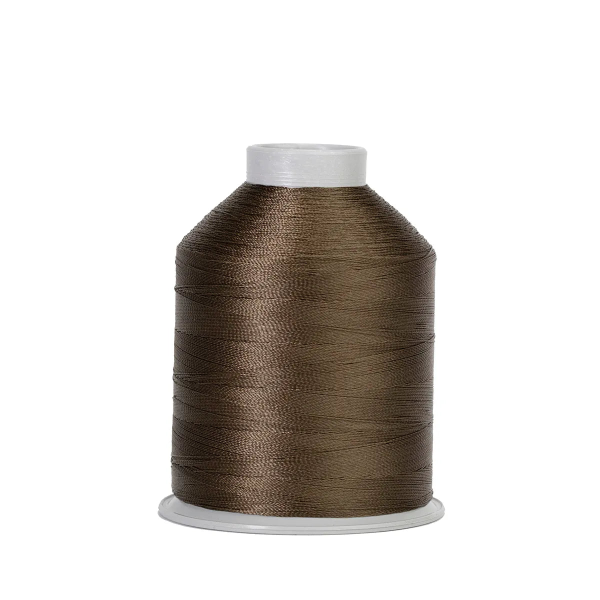 A large spool of Hab+Dash by Fil Tec's Fusion 45 Dark Brown nylon thread, with a white plastic top and base, stands upright against a plain white background—ideal for leather goods or industrial sewing machines.