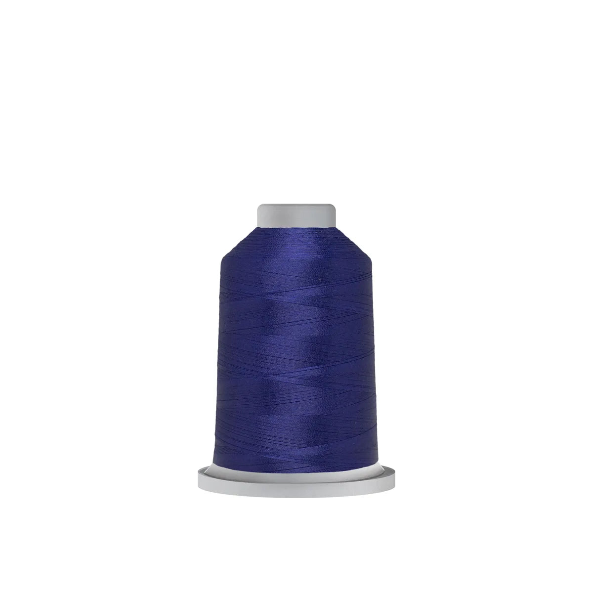 A spool of Glide Thread Lightning 36572 by Hab+Dash by Fil Tec in shiny dark blue polyester stands upright on a white surface, ideal for machine quilting or embroidery, with a plain white background.