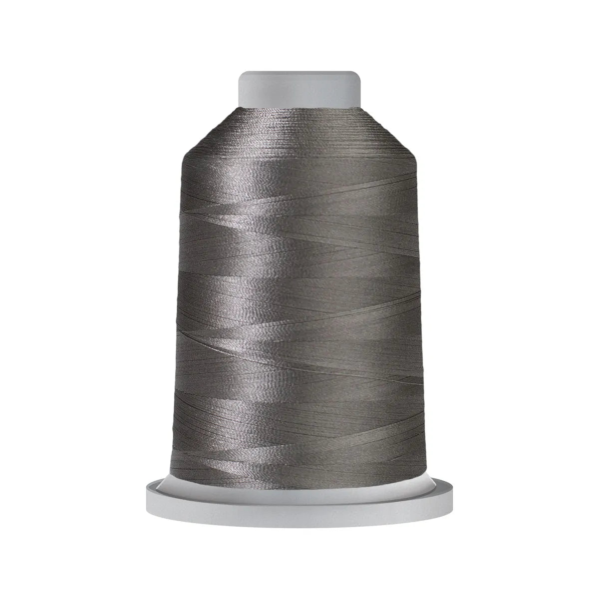 The Glide Thread Steel 19357 features shiny gray polyester thread neatly wound on a white, cone-shaped base—ideal for machine quilting or embroidery—shown against a plain white background.