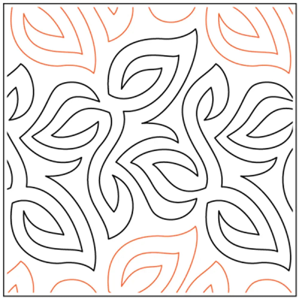 The Ground Cover Paper Pantograph features a symmetrical, repeating design of overlapping black and orange leaf shapes on white—ideal for adding texture to quilts with longarm quilting.