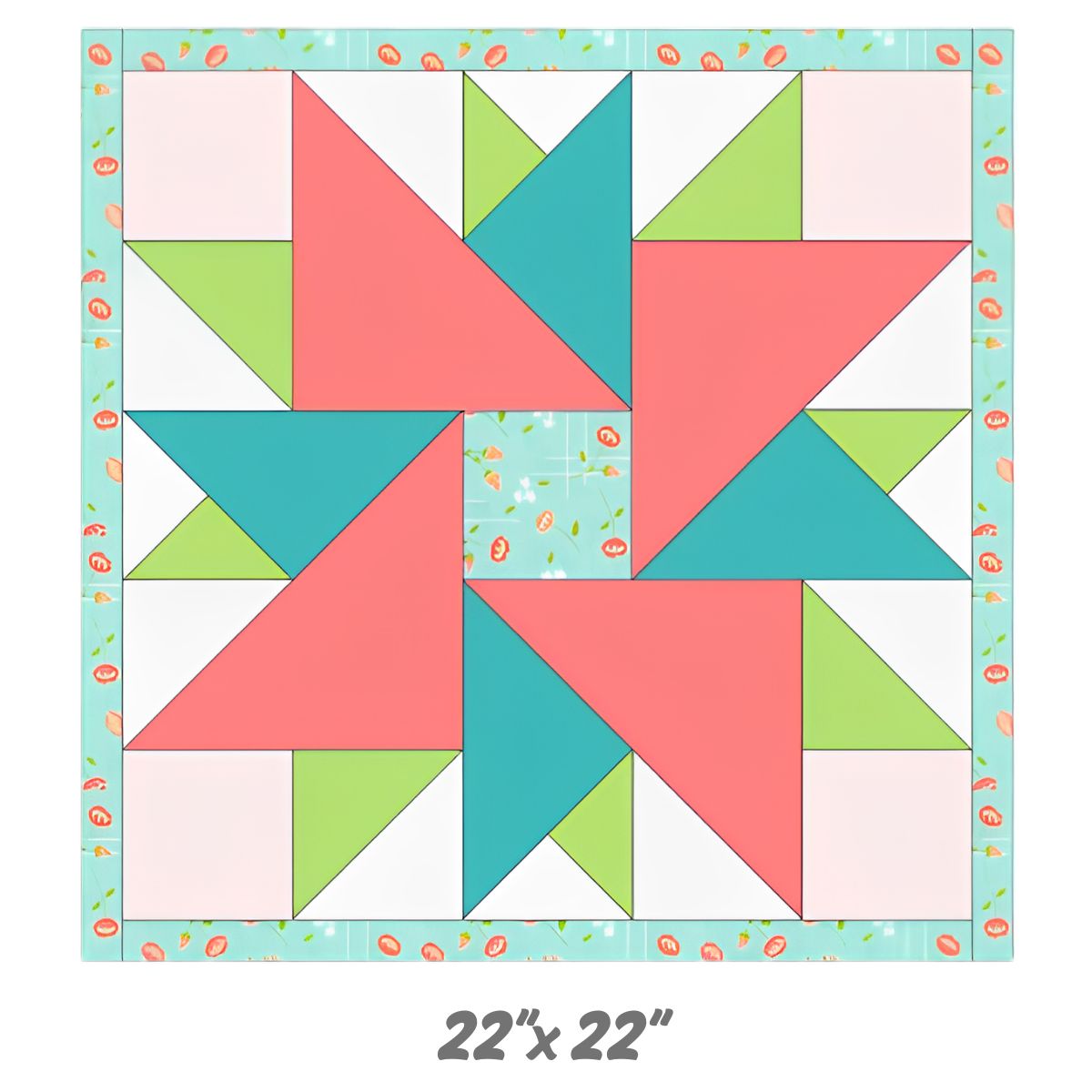 The Mystery Five-0 Happy Go Lucky Mini Mystery Quilt Pattern by quiltedjoy features a vibrant 22” x 22” table topper with bold pink, teal, green, and white pinwheel geometric shapes, a blue border, and orange accents. Digital download.