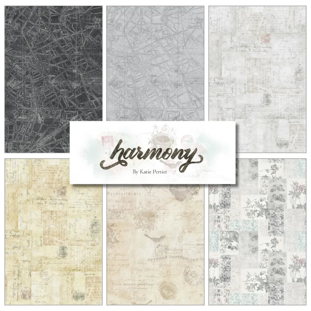 The Harmony Half Yard Bundle includes six vintage-style patterned papers with map, text, and floral designs in classic tones. Ideal for collage quilt fabric projects. Center label says "harmony by Katie Pertiet" in elegant script.