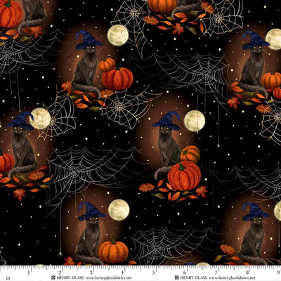 Harvest Haunt Black Cats with Witch Hats and Pumpkins Fabric Yardage