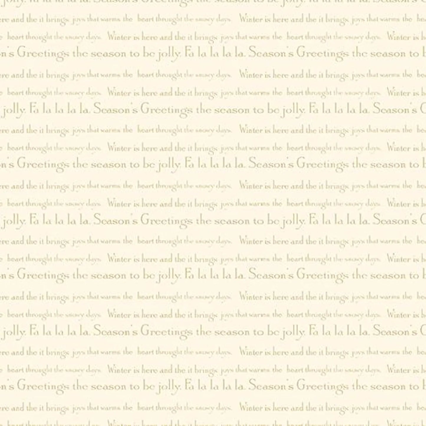 White Christmas Song Cream Fabric Yardage by Benartex features elegant holiday phrases like “Seasons Greetings” and “Fa la la la la” in a light script, making it perfect for festive projects.