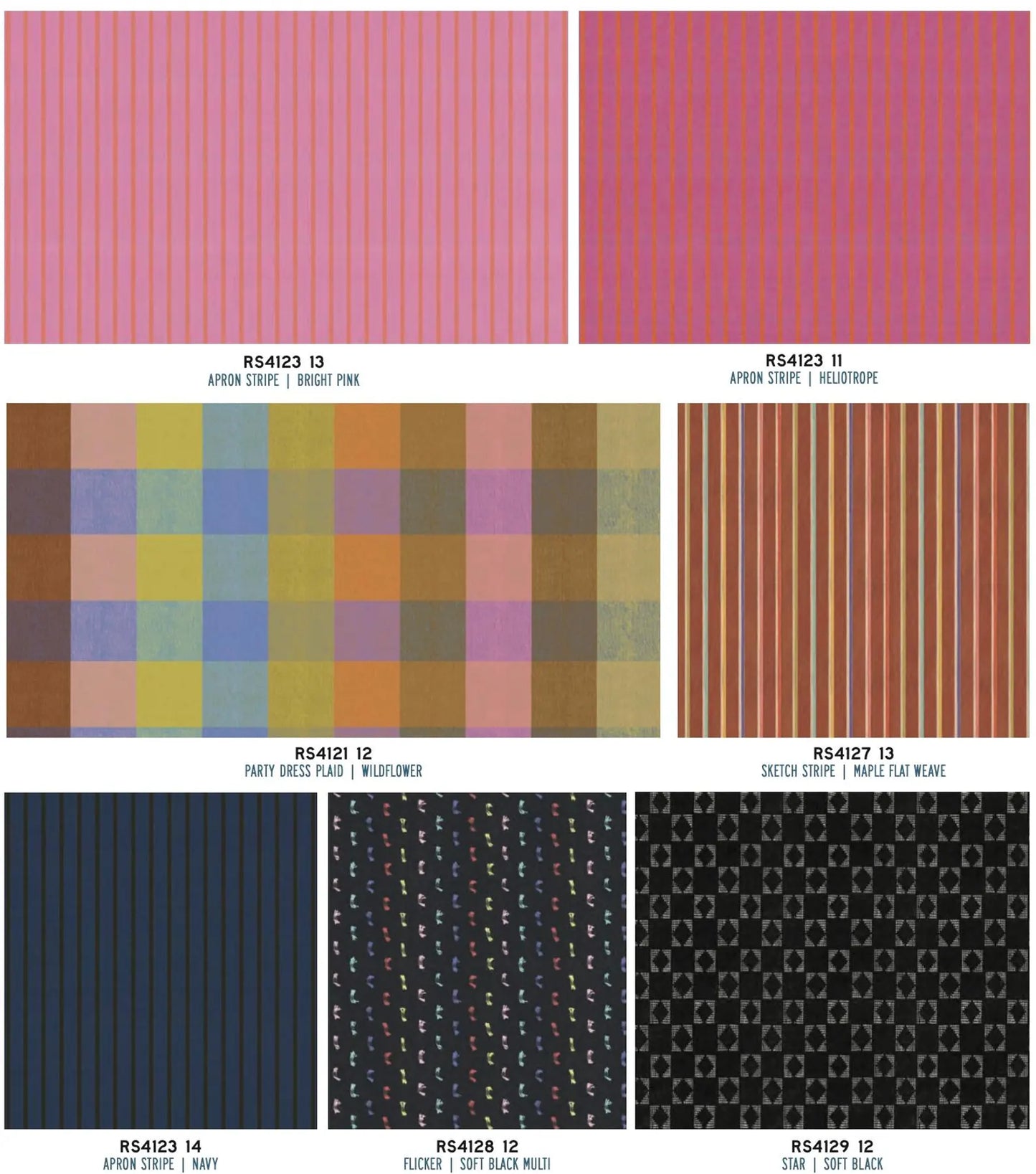 Color swatches and fabric patterns with color codes