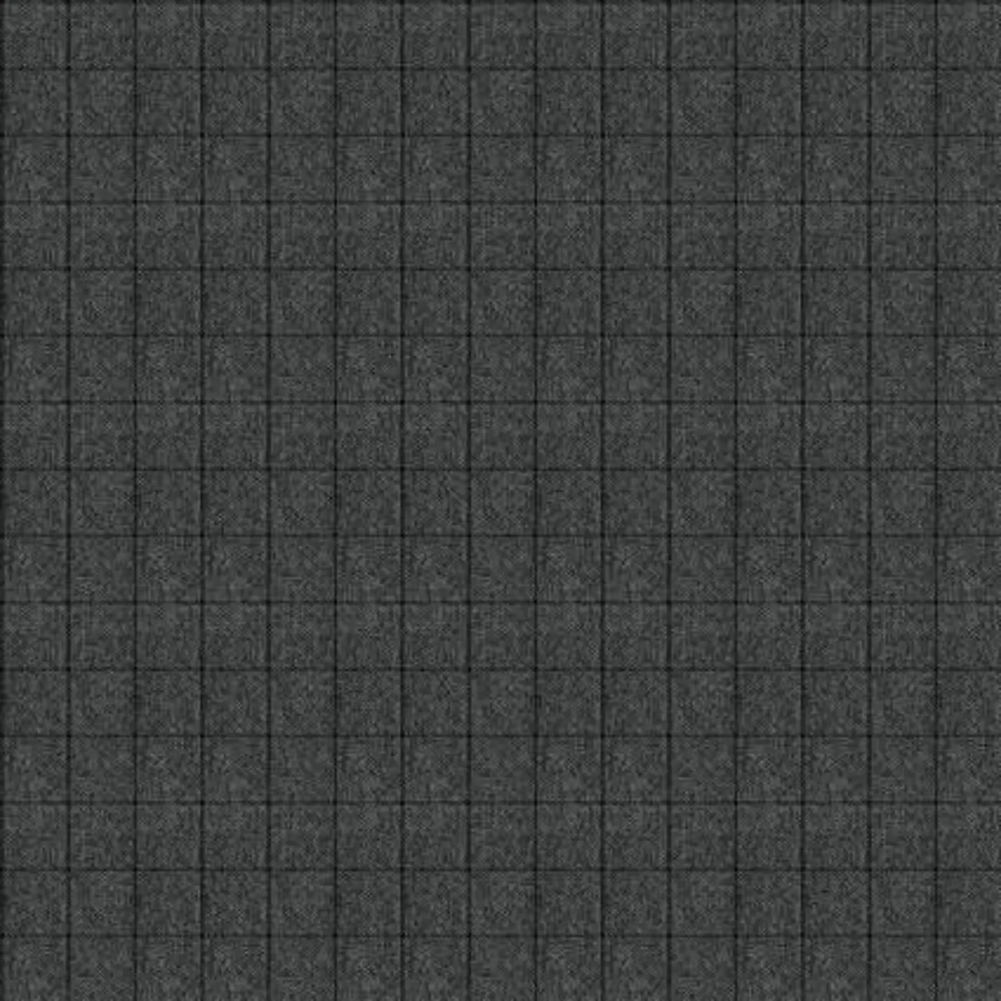 The Tweed Window Pane Charcoal Fabric Yardage features a dark gray grid pattern with small square tiles outlined by thin black lines, creating a uniform, evenly spaced checkerboard effect similar to a charcoal windowpane design.